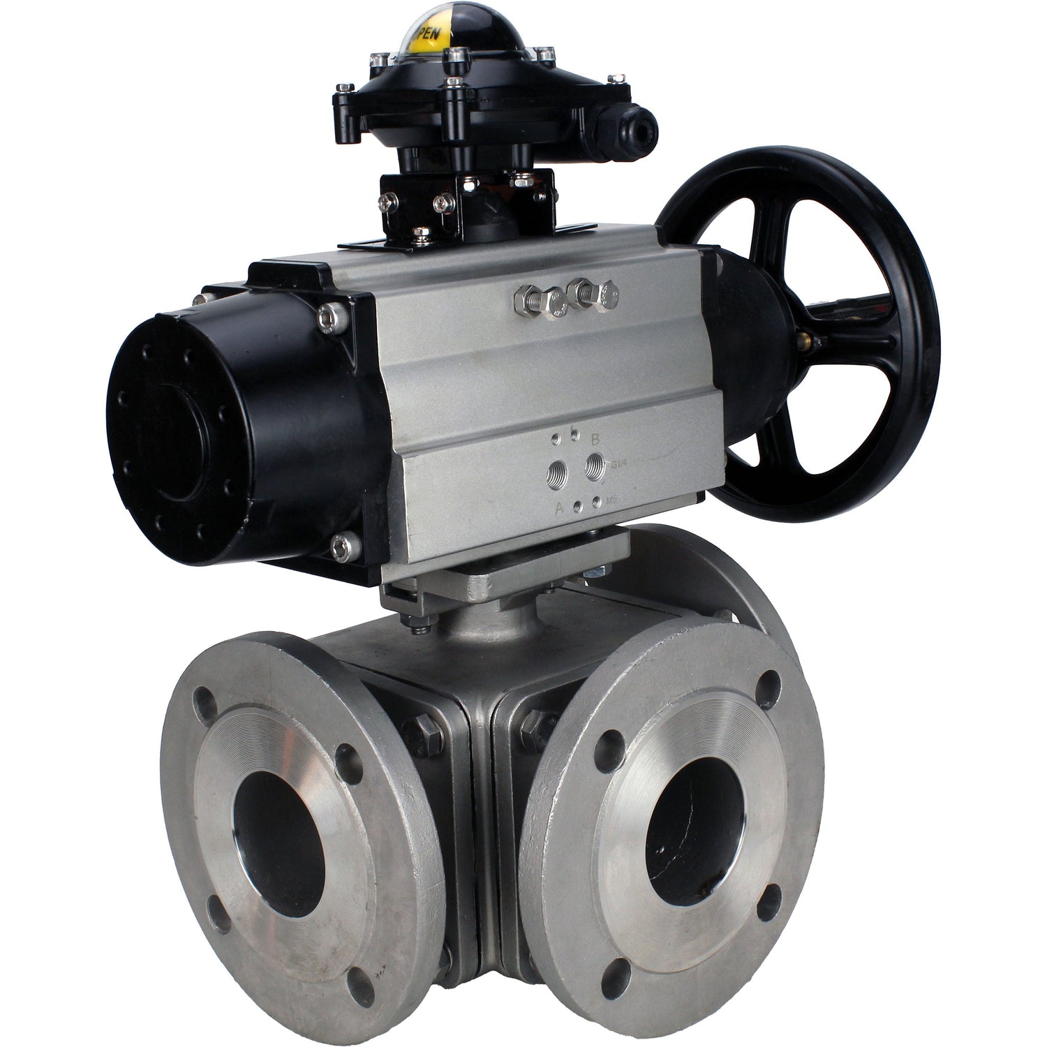 Ball valves Elephant BV3232P(4pc)-FP-3WL-F-ISO-H DN100 16 bar full bore, flanged, body - stainless steel SS316, ISO flange F10/F12, square 19x19, with double pneumatic actuator PA-DA-105-1 actions and LSU APL-210N