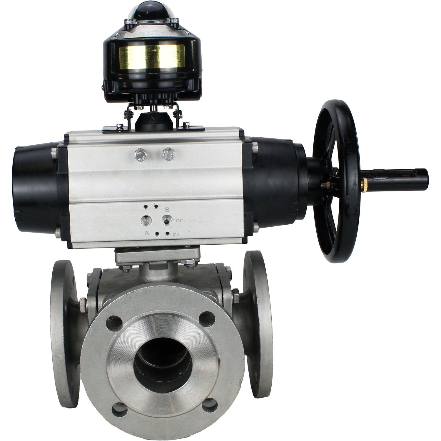 Ball valves Elephant BV3232P(4pc)-FP-3WL-F-ISO-H DN100 16 bar full bore, flanged, body - stainless steel SS316, ISO flange F10/F12, square 19x19, with double pneumatic actuator PA-DA-105-1 actions and LSU APL-510N EX