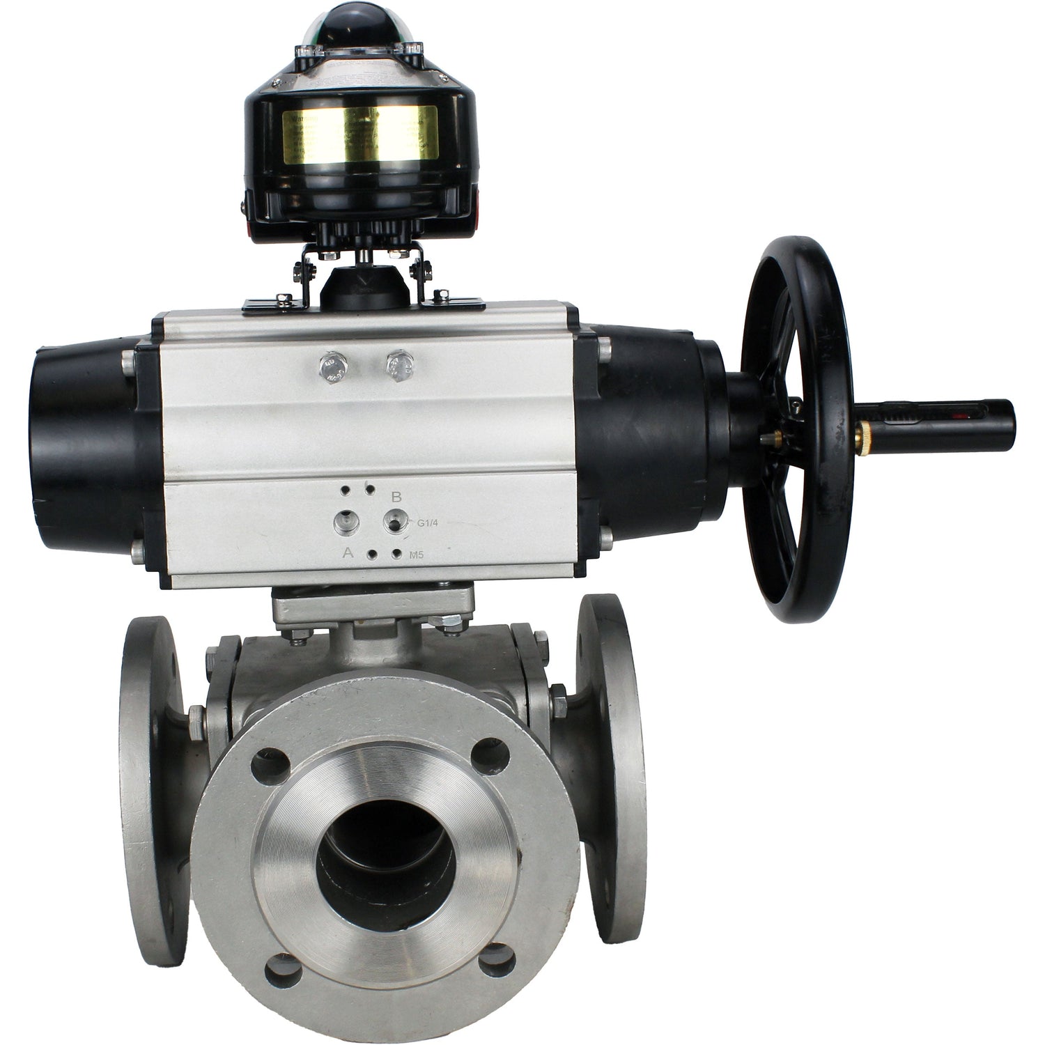 Ball valves Elephant BV3232P(4pc)-FP-3WL-F-ISO-H DN100 16 bar full bore, flanged, body - stainless steel SS316, ISO flange F10/F12, square 19x19, with double pneumatic actuator PA-DA-105-1 actions and LSU APL-510N EX