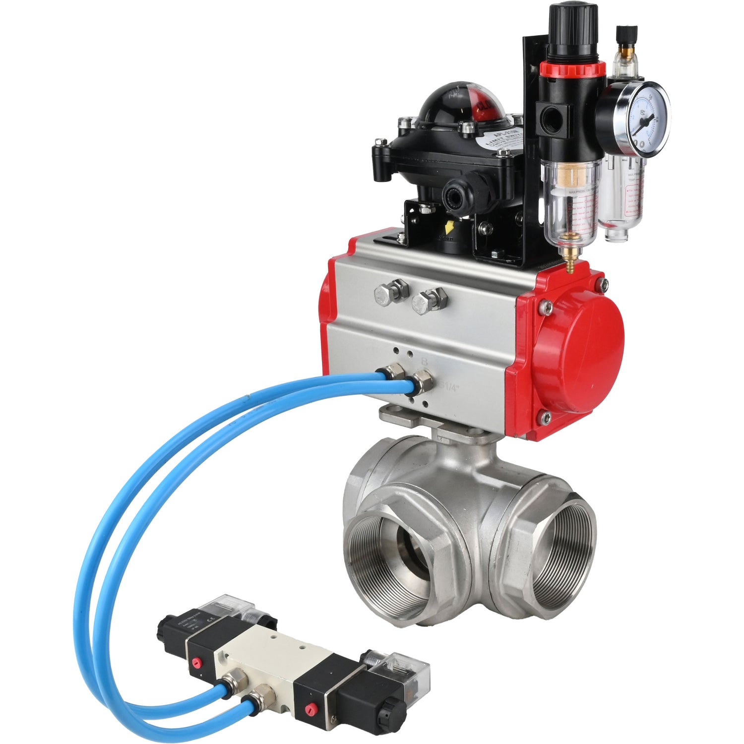 Ball valves Elephant BV3232P(4pc)-SP-3WL-T-ISO-H,  body material - Stainless steel AISI 316, seal - PTFE / PTFE / Teflon, with pneumatic actuator double action PA-DA, 4V320-10 220V, LSU APL-210N, ATU AFC2000