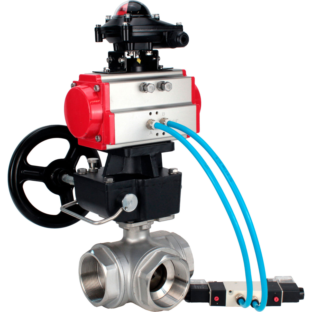 Ball valves Elephant BV3232P(4pc)-SP-3WL-T-ISO-H,  body material - Stainless steel AISI 316, seal - PTFE / PTFE / Teflon, with pneumatic actuator double action PA-DA, 4V320-10 220V, LSU APL-210N, handwheel MON