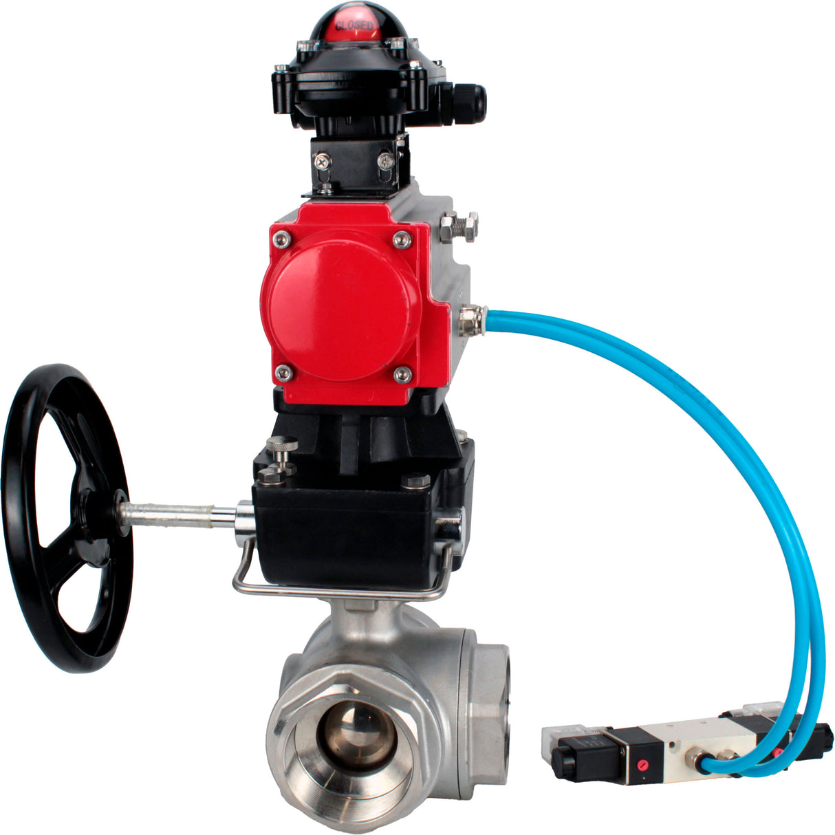 Ball valves Elephant BV3232P(4pc)-SP-3WL-T-ISO-H,  body material - Stainless steel AISI 316, seal - PTFE / PTFE / Teflon, with pneumatic actuator double action PA-DA, 4V320-10 220V, LSU APL-210N, handwheel MON