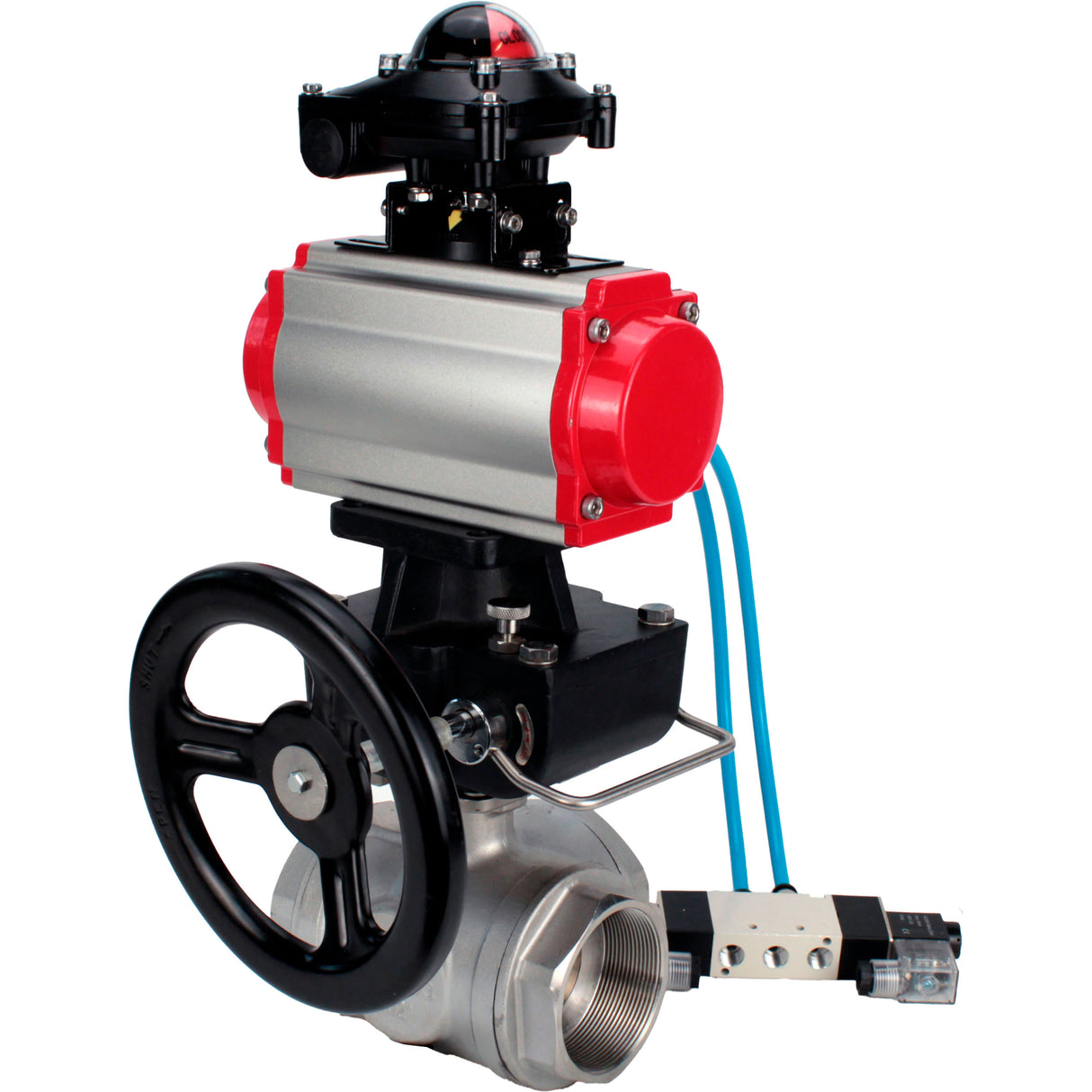Ball valves Elephant BV3232P(4pc)-SP-3WL-T-ISO-H,  body material - Stainless steel AISI 316, seal - PTFE / PTFE / Teflon, with pneumatic actuator double action PA-DA, 4V320-10 220V, LSU APL-210N, handwheel MON
