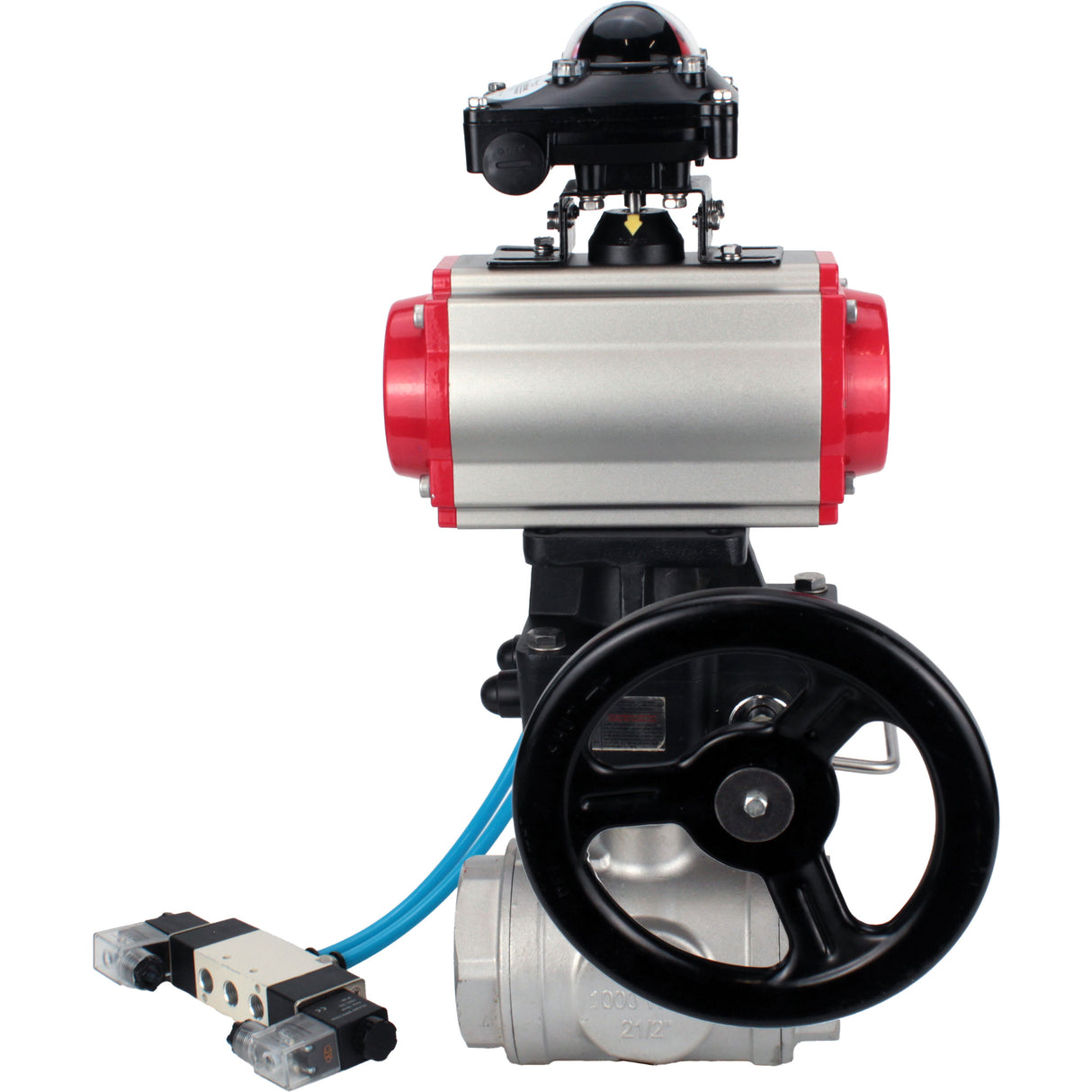 Ball valves Elephant BV3232P(4pc)-SP-3WL-T-ISO-H,  body material - Stainless steel AISI 316, seal - PTFE / PTFE / Teflon, with pneumatic actuator double action PA-DA, 4V320-10 220V, LSU APL-210N, handwheel MON
