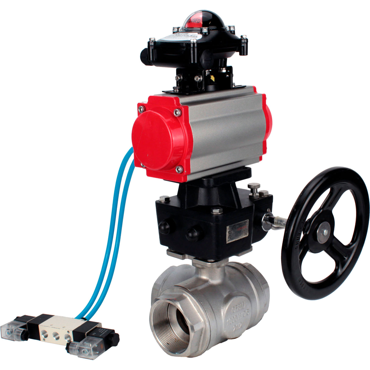 Ball valves Elephant BV3232P(4pc)-SP-3WL-T-ISO-H,  body material - Stainless steel AISI 316, seal - PTFE / PTFE / Teflon, with pneumatic actuator double action PA-DA, 4V320-10 220V, LSU APL-210N, handwheel MON
