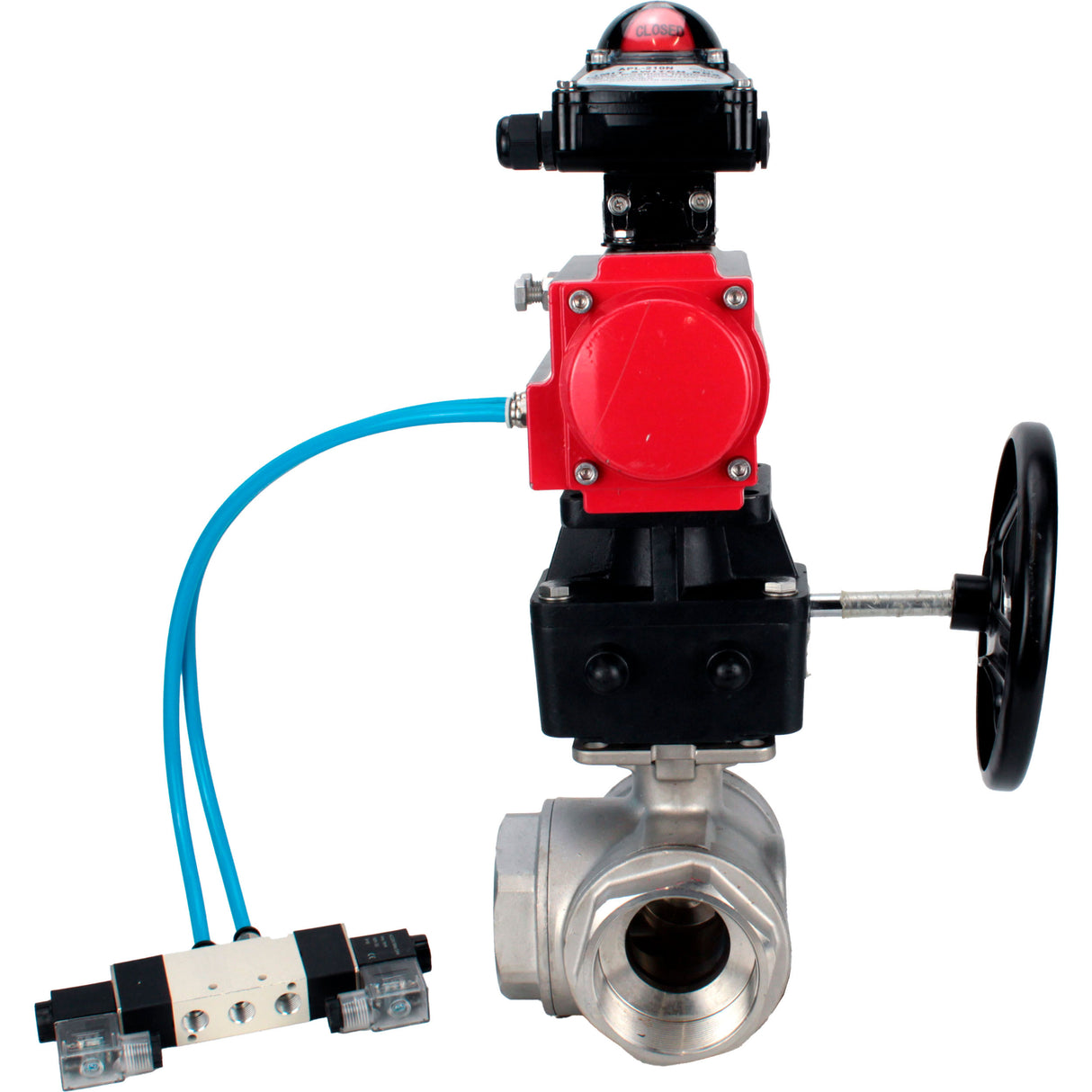 Ball valves Elephant BV3232P(4pc)-SP-3WL-T-ISO-H,  body material - Stainless steel AISI 316, seal - PTFE / PTFE / Teflon, with pneumatic actuator double action PA-DA, 4V320-10 220V, LSU APL-210N, handwheel MON