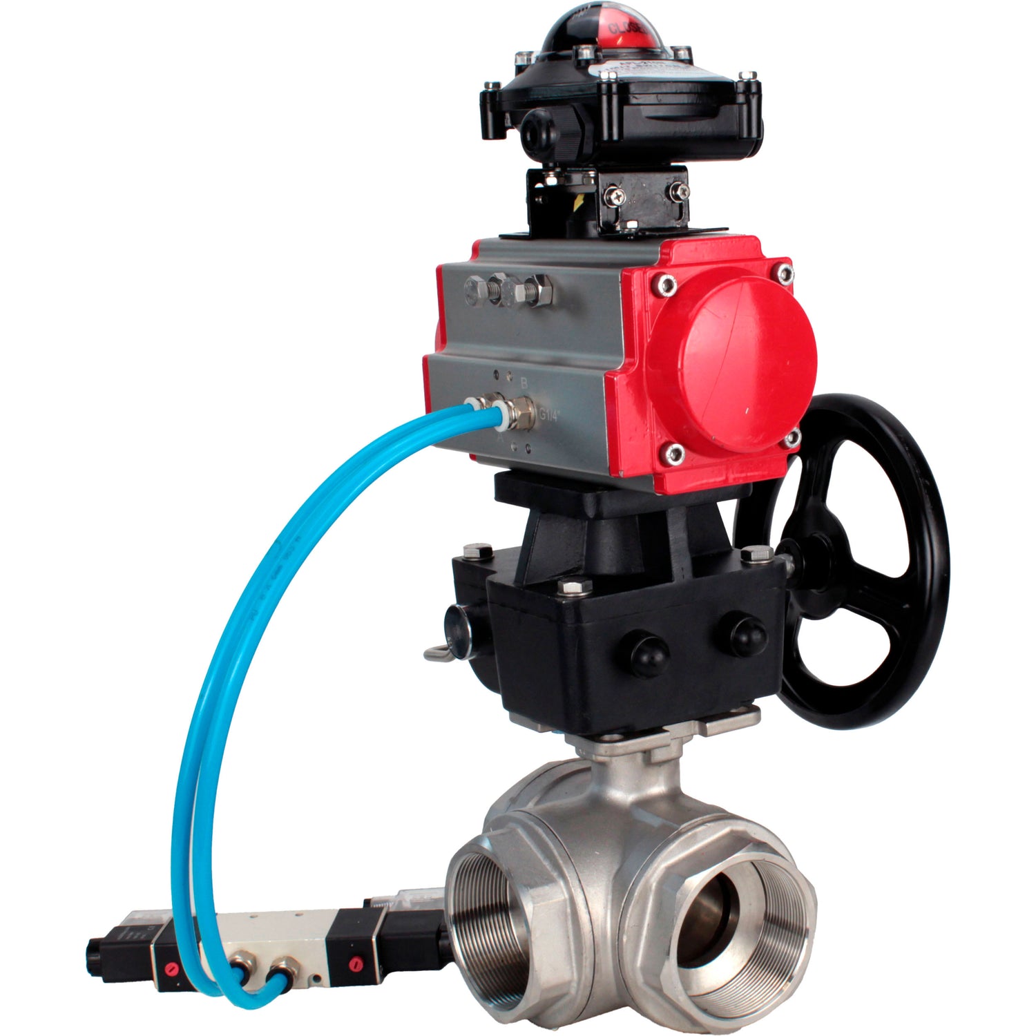 Ball valves Elephant BV3232P(4pc)-SP-3WL-T-ISO-H,  body material - Stainless steel AISI 316, seal - PTFE / PTFE / Teflon, with pneumatic actuator double action PA-DA, 4V320-10 220V, LSU APL-210N, handwheel MON