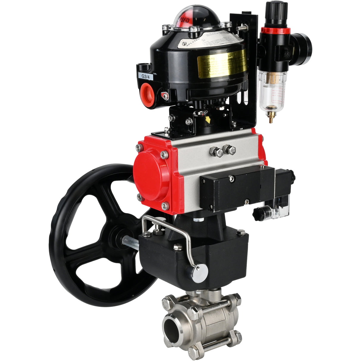 Ball valves Elephant BV3232P(3pc)-FP-W-ISO-H for welding, full bore, body - stainless steel SS316, seal - PTFE, with pneumatic drive PA-DA-052- 083 pneumatic distributor 4M310-08 NAMUR 24V gearbox MON ATU AFC2000 LSU APL-510N-EX