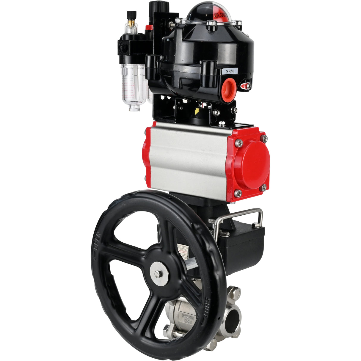 Ball valves Elephant BV3232P(3pc)-FP-W-ISO-H for welding, full bore, body - stainless steel SS316, seal - PTFE, with pneumatic drive PA-DA-052- 083 pneumatic distributor 4M310-08 NAMUR 24V gearbox MON ATU AFC2000 LSU APL-510N-EX