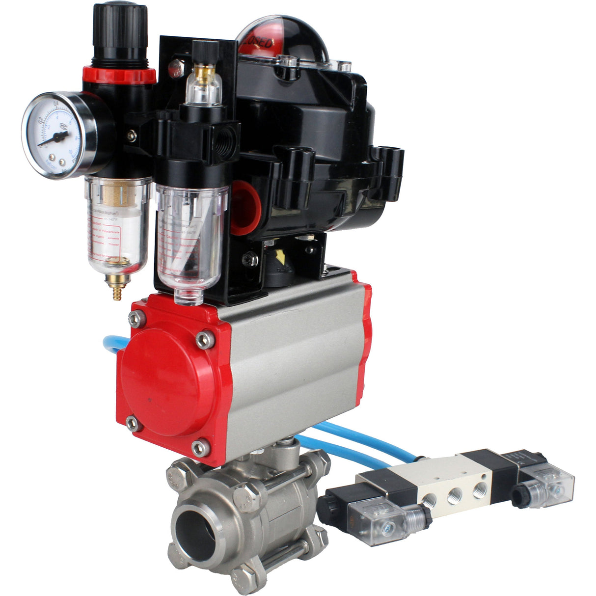 Ball valves Elephant BV3232P(3pc)-FP-W-ISO-H for welding, full bore, stainless steel body. steel SS316, seal - PTFE, with pneumatic actuator Elephant PA-DA 052-083 pneumatic distributor 4V320-08 ATU AFC2000 LSU APL-510N-EX