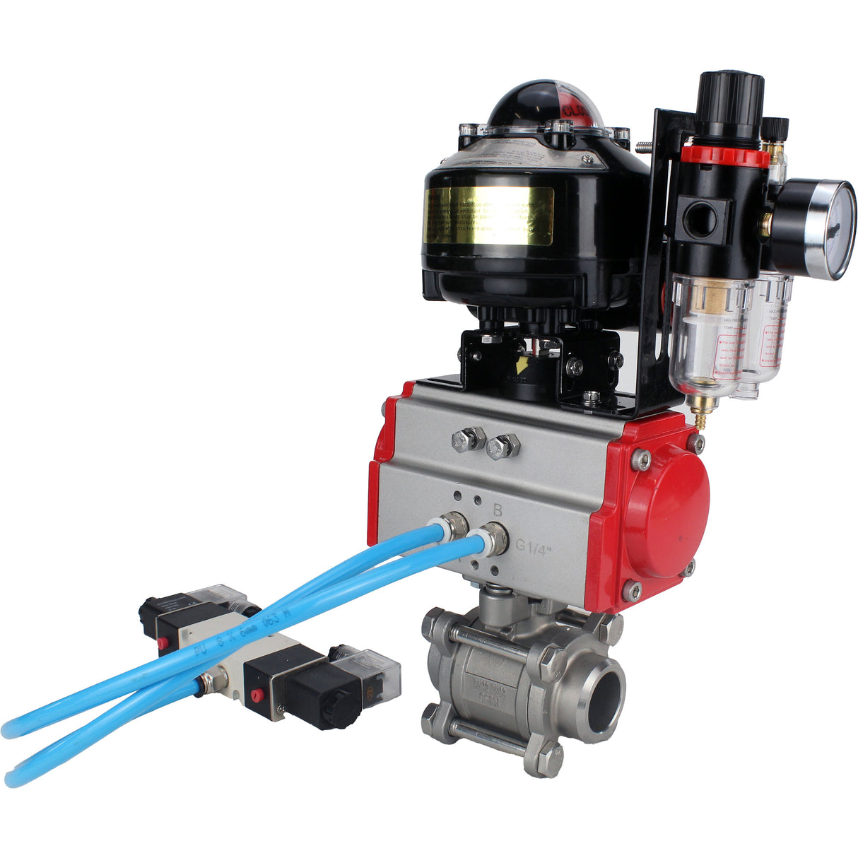 Ball valves Elephant BV3232P(3pc)-FP-W-ISO-H for welding, full bore, stainless steel body. steel SS316, seal - PTFE, with pneumatic actuator Elephant PA-DA 052-083 pneumatic distributor 4V320-10 ATU AFC2000 LSU APL-510N-EX