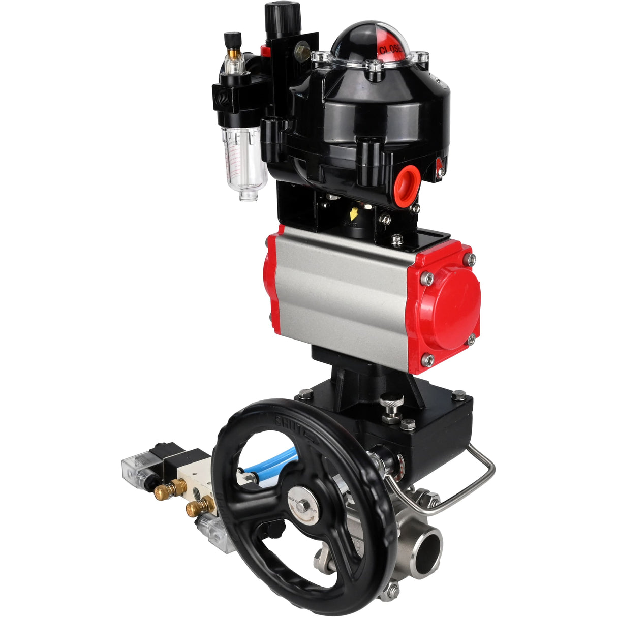 Ball valves Elephant BV3232P(3pc)-FP-W-ISO-H for welding, full bore, body - stainless steel SS316, seal - PTFE, with pneumatic drive PA-DA-052- 083 pneumatic distributor 4V320-08 MON gearbox ATU AFC2000 LSU APL-510N-EX