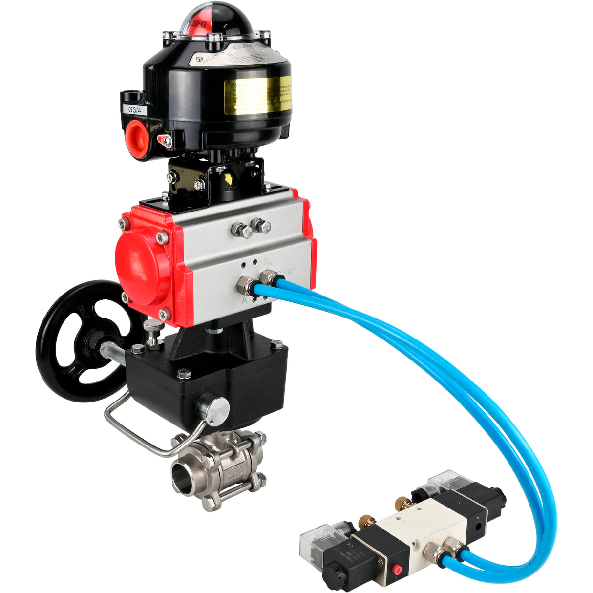 Ball valves Elephant BV3232P(3pc)-FP-W-ISO-H for welding, full bore, stainless steel body. steel SS316, seal - PTFE, with pneumatic drive Elephant PA-DA 052-083 pneumatic distributor 4V320-08 gearbox MON LSU APL-510N-EX