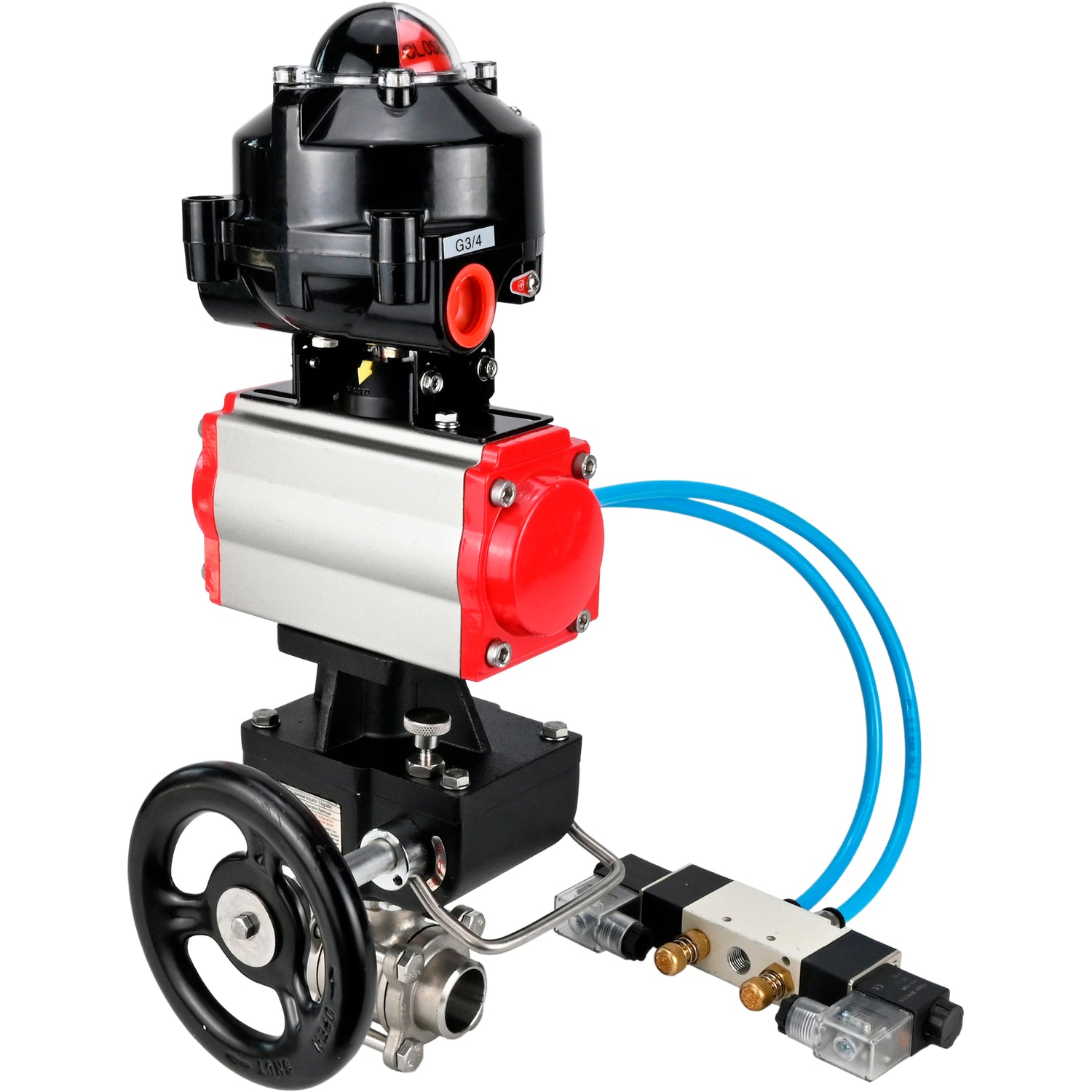 Ball valves Elephant BV3232P(3pc)-FP-W-ISO-H for welding, full bore, stainless steel body. steel SS316, seal - PTFE, with pneumatic drive Elephant PA-DA 052-083 pneumatic distributor 4V320-08 gearbox MON LSU APL-510N-EX