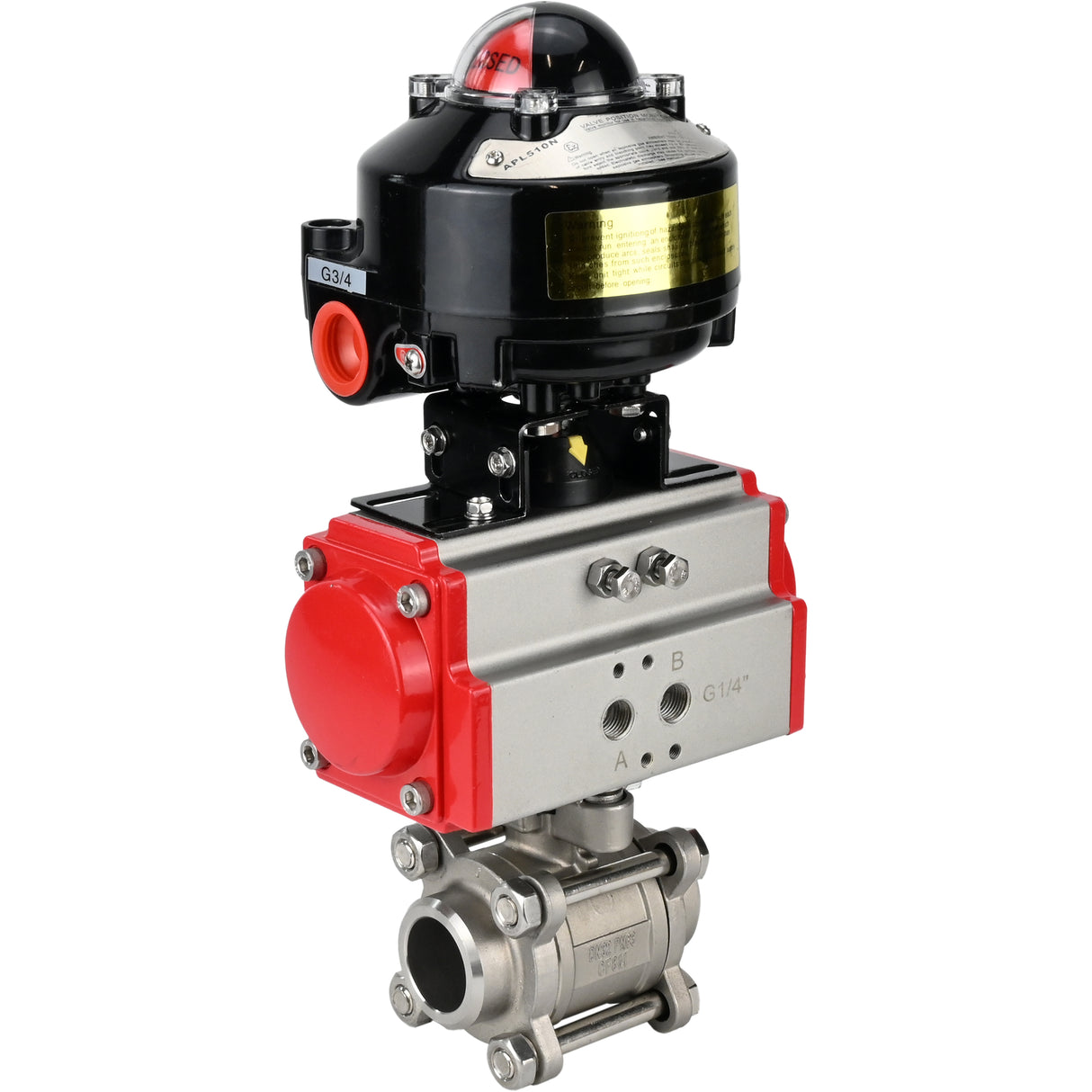 Ball valves Elephant BV3232P(3pc)-FP-W-ISO-H for welding, full bore, body - stainless steel SS316, seal - PTFE, with pneumatic actuator Elephant PA-DA 052- 083 and LSU APL-510N-EX