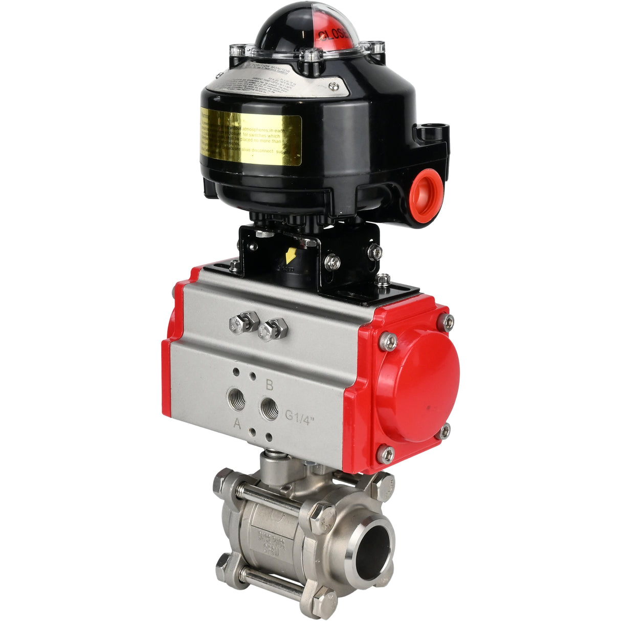 Ball valves Elephant BV3232P(3pc)-FP-W-ISO-H for welding, full bore, body - stainless steel SS316, seal - PTFE, with pneumatic actuator Elephant PA-DA 052- 083 and LSU APL-510N-EX