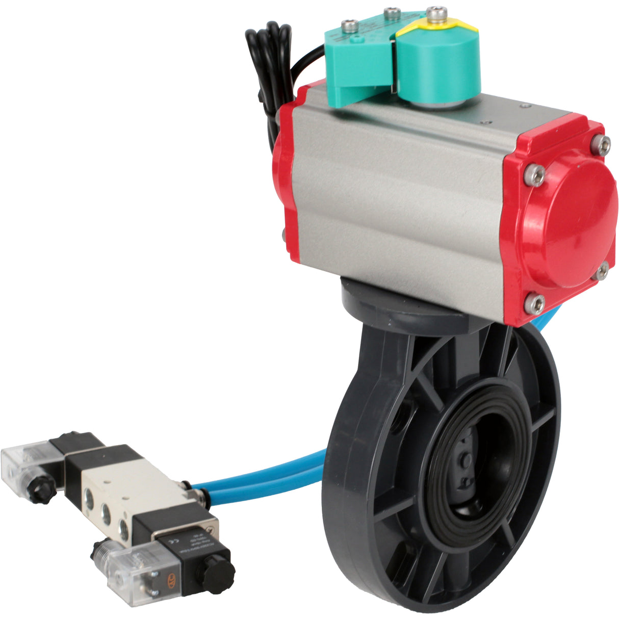 Butterfly valves Elephant WBV4242E-2W-Fb-ISO, body material - UPVC, disc material - UPVC, seal - EPDM, with pneumatic actuator double action PA-DA, pneumatic distributor 4V320-08 220V and magnetic switch ALS200D