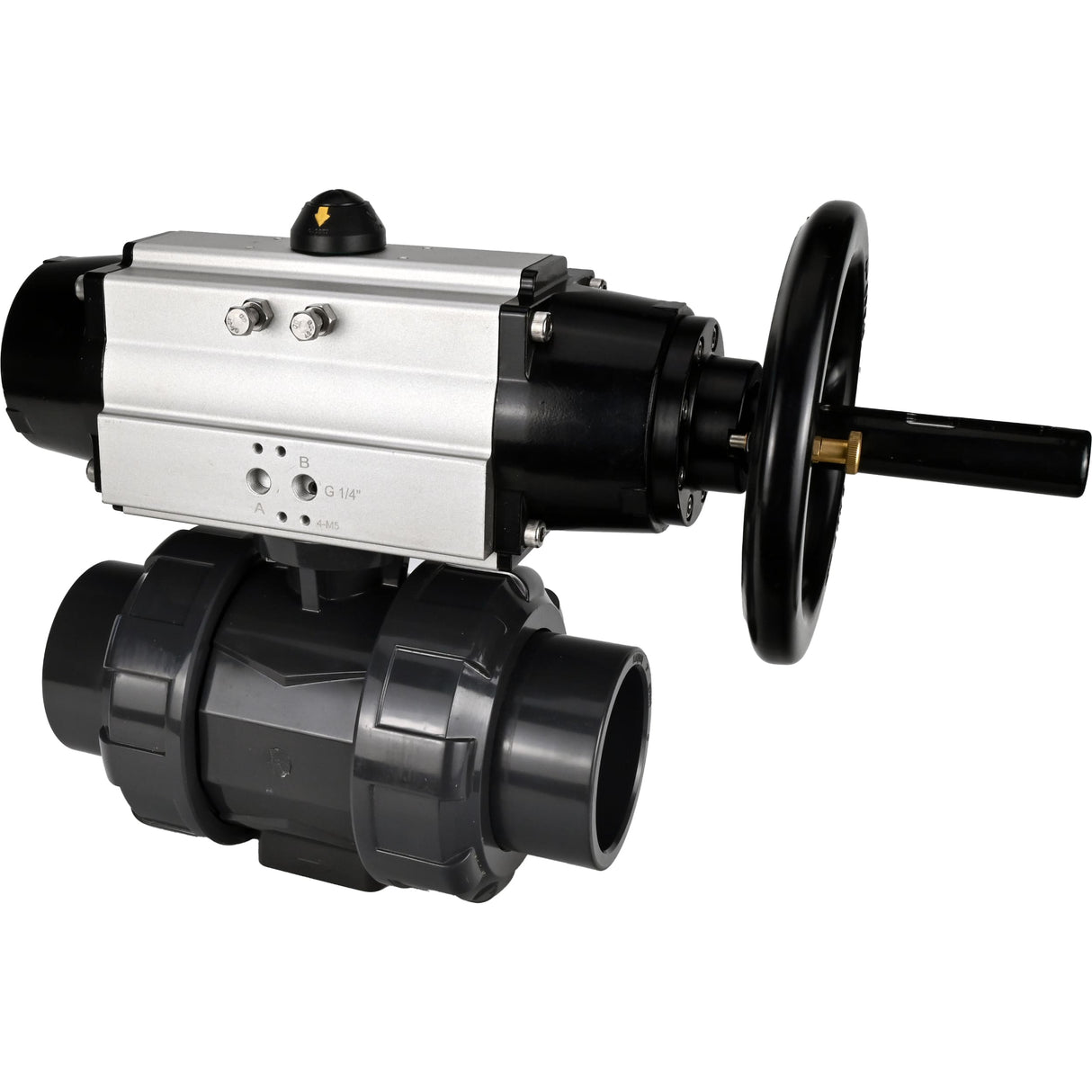 Ball valves Elephant BV4242E-FP-GRM-ISO, body material - UPVC, ball material - UPVC, seal - EPDM, with pneumatic actuator double action PA-DA-105-1