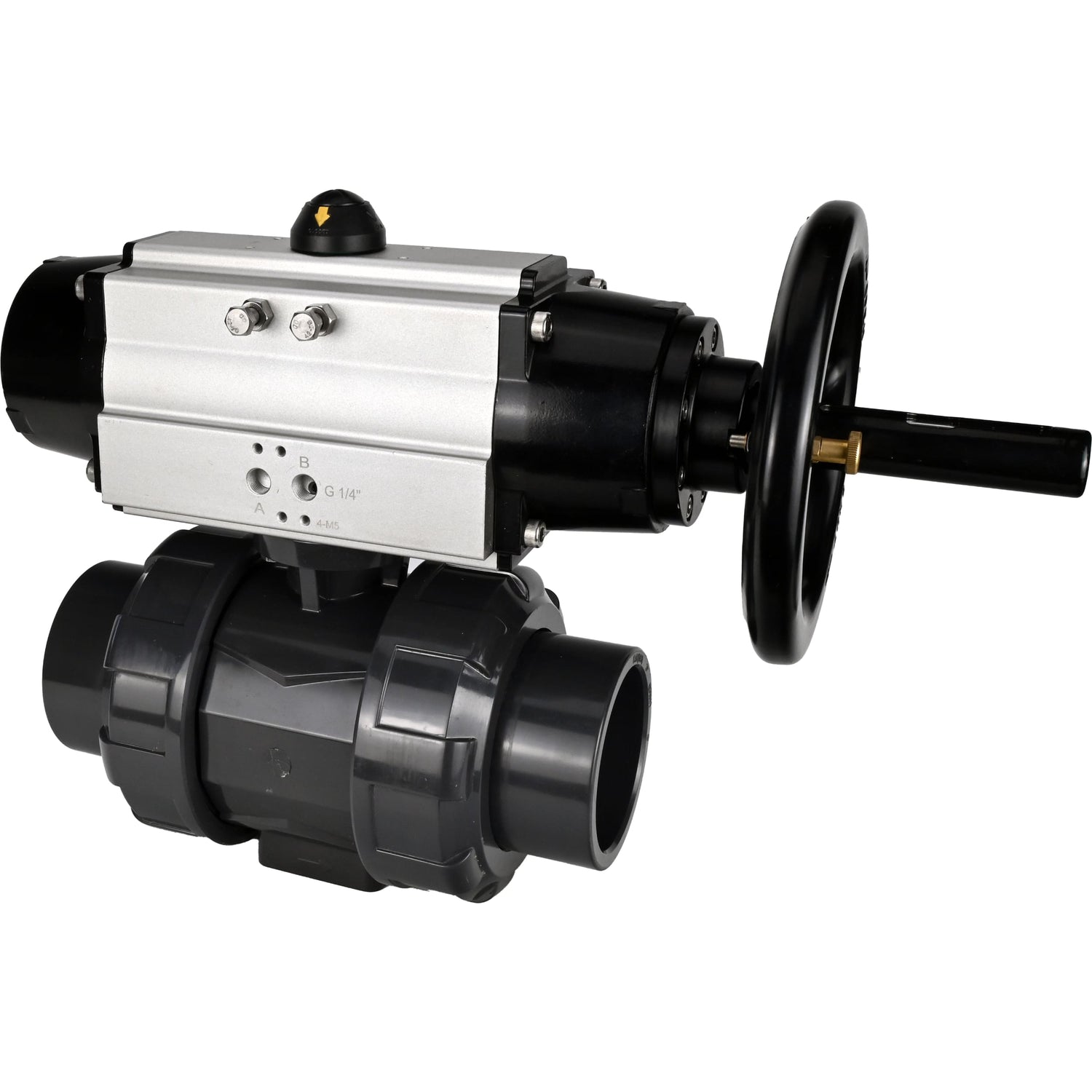 Ball valves Elephant BV4242E-FP-GRM-ISO, body material - UPVC, ball material - UPVC, seal - EPDM, with pneumatic actuator double action PA-DA-105-1