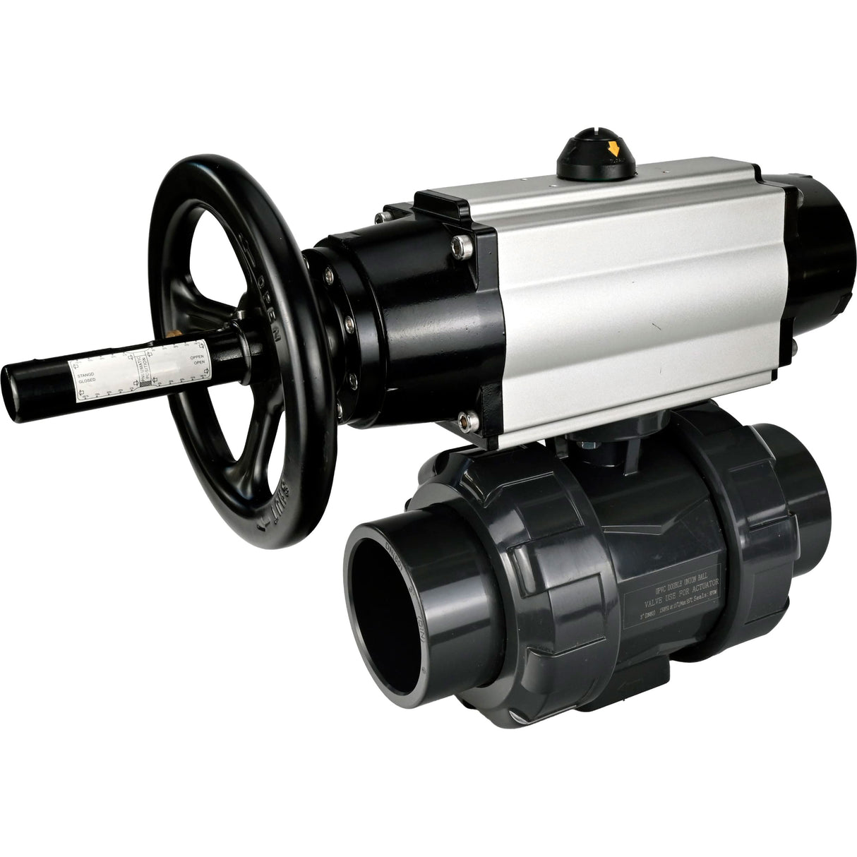 Ball valves Elephant BV4242E-FP-GRM-ISO, body material - UPVC, ball material - UPVC, seal - EPDM, with pneumatic actuator double action PA-DA-105-1