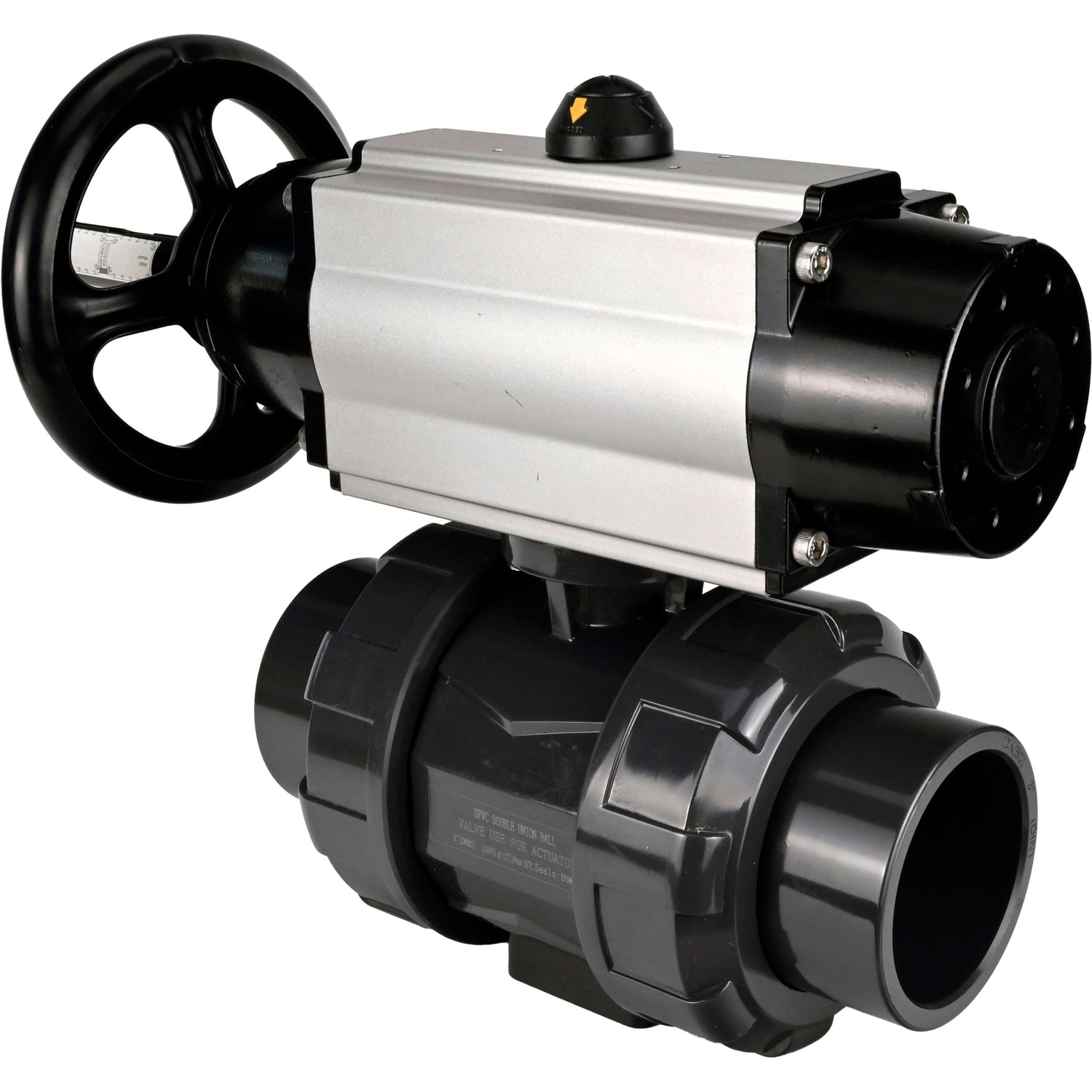 Ball valves Elephant BV4242E-FP-GRM-ISO, body material - UPVC, ball material - UPVC, seal - EPDM, with pneumatic actuator double action PA-DA-105-1