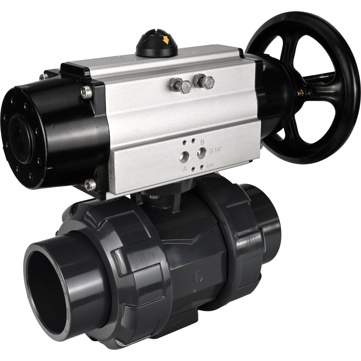 Ball valves Elephant BV4242E-FP-GRM-ISO, body material - UPVC, ball material - UPVC, seal - EPDM, with pneumatic actuator double action PA-DA-105-1