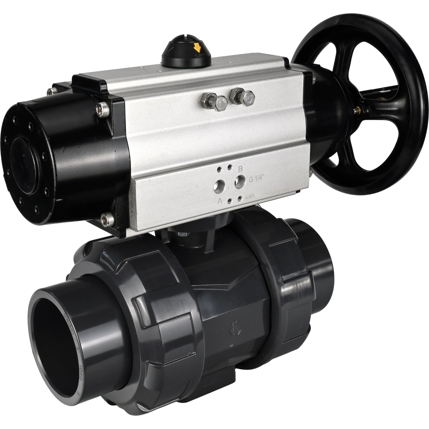Ball valves Elephant BV4242E-FP-GRM-ISO, body material - UPVC, ball material - UPVC, seal - EPDM, with pneumatic actuator double action PA-DA-105-1