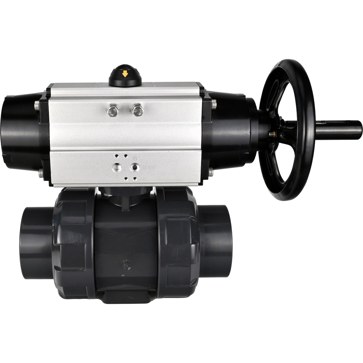Ball valves Elephant BV4242E-FP-GRM-ISO, body material - UPVC, ball material - UPVC, seal - EPDM, with pneumatic actuator double action PA-DA-105-1