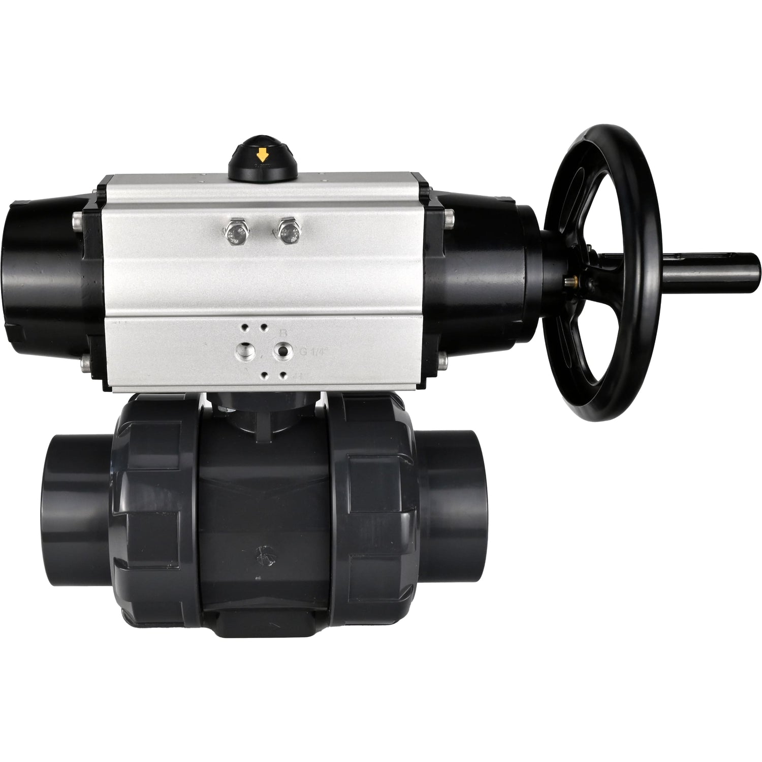 Ball valves Elephant BV4242E-FP-GRM-ISO, body material - UPVC, ball material - UPVC, seal - EPDM, with pneumatic actuator double action PA-DA-105-1