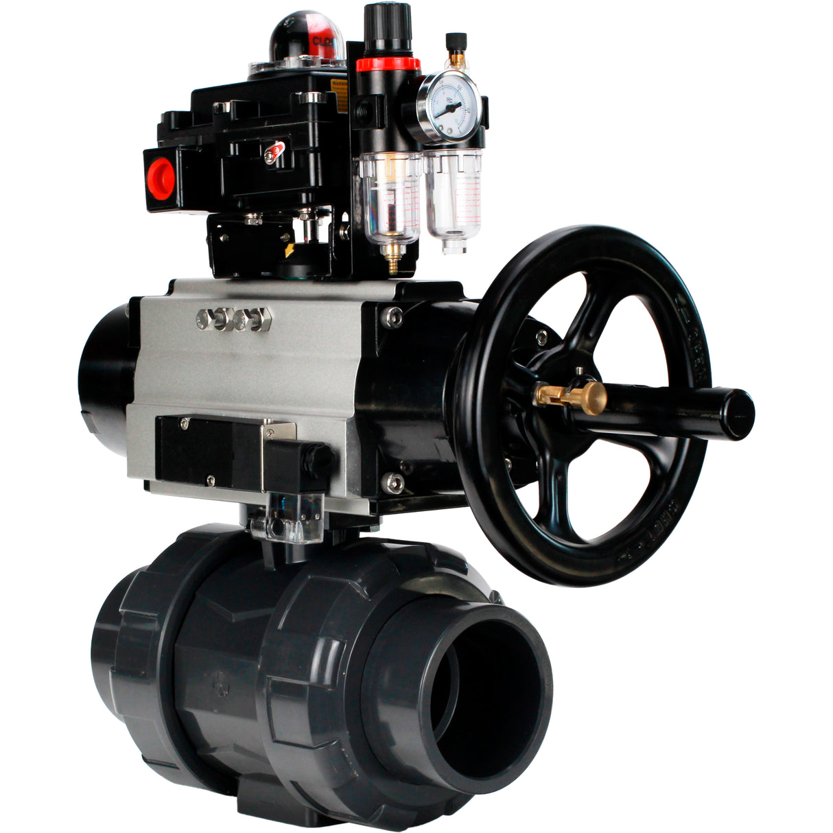 Ball valves Elephant BV4242E-FP-GRM-ISO, body material - UPVC, ball material - UPVC, seal - EPDM, with pneumatic actuator double action PA-DA-105-1, pneumatic distributor 4M310-08 220V, LSU APL-410N EX and ATU AFC2000