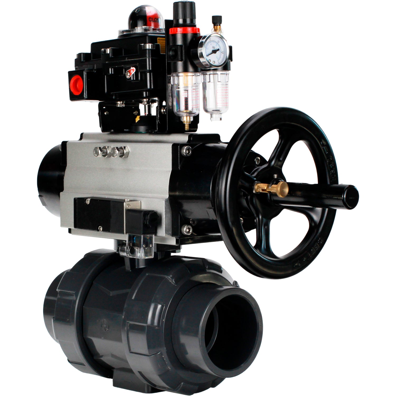 Ball valves Elephant BV4242E-FP-GRM-ISO, body material - UPVC, ball material - UPVC, seal - EPDM, with pneumatic actuator double action PA-DA-105-1, pneumatic distributor 4M310-08 220V, LSU APL-410N EX and ATU AFC2000