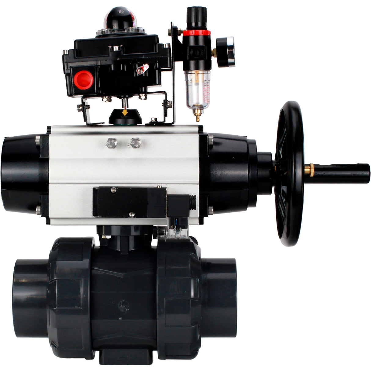 Ball valves Elephant BV4242E-FP-GRM-ISO, body material - UPVC, ball material - UPVC, seal - EPDM, with pneumatic actuator double action PA-DA-105-1, pneumatic distributor 4M310-08 220V, LSU APL-410N EX and ATU AFC2000