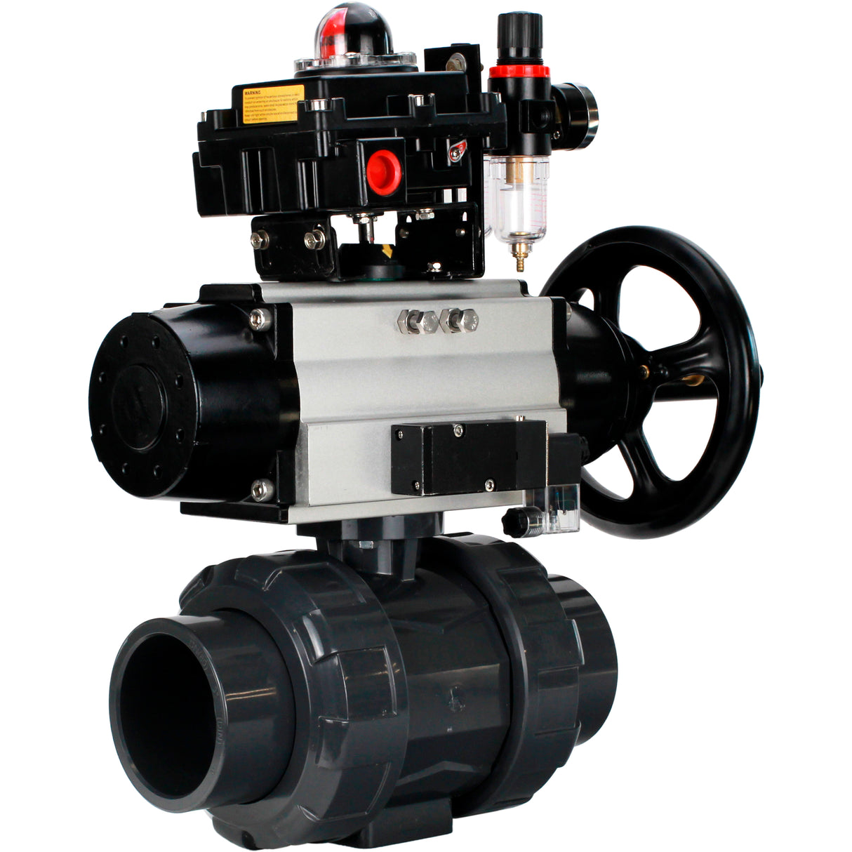 Ball valves Elephant BV4242E-FP-GRM-ISO, body material - UPVC, ball material - UPVC, seal - EPDM, with pneumatic actuator double action PA-DA-105-1, pneumatic distributor 4M310-08 220V, LSU APL-410N EX and ATU AFC2000