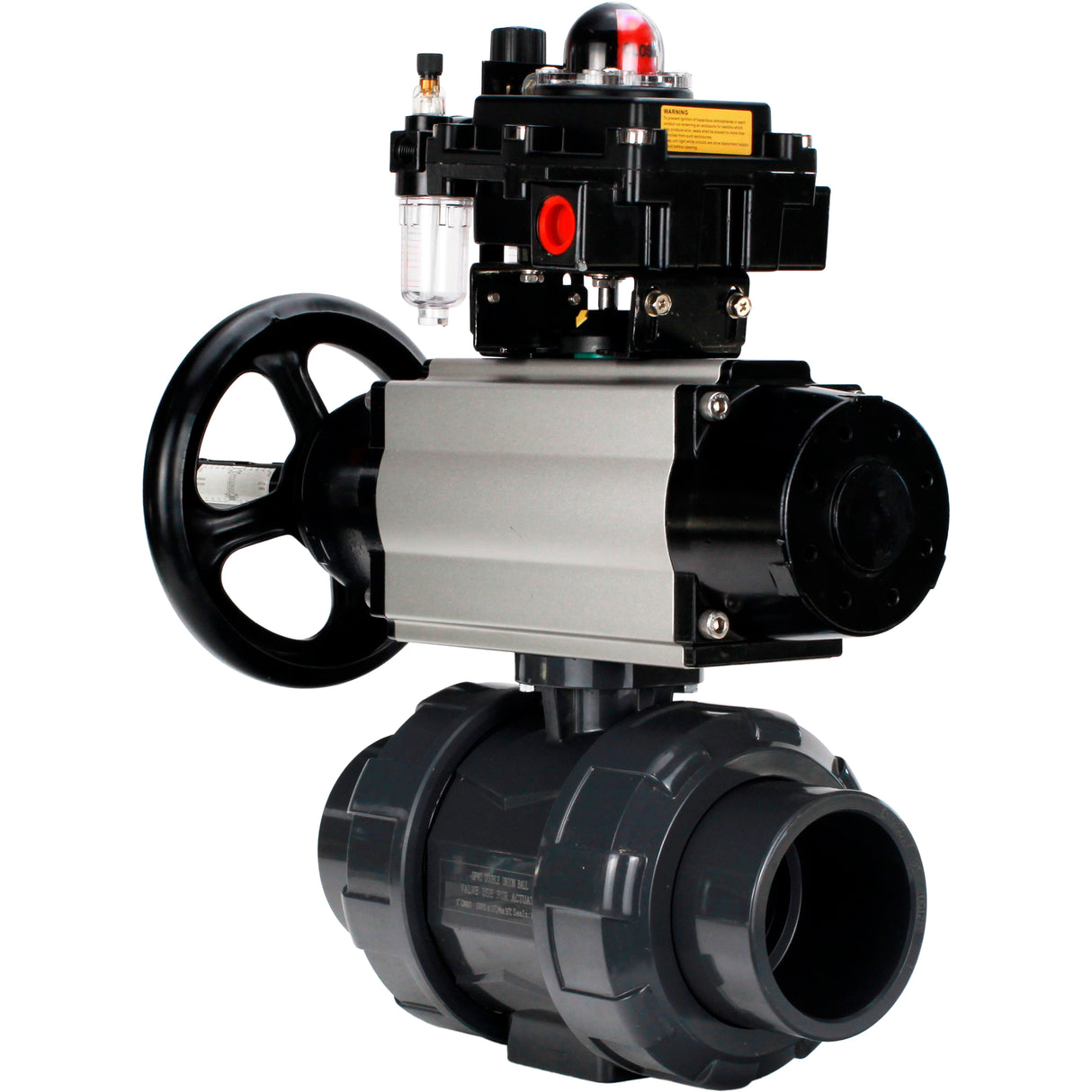 Ball valves Elephant BV4242E-FP-GRM-ISO, body material - UPVC, ball material - UPVC, seal - EPDM, with pneumatic actuator double action PA-DA-105-1, pneumatic distributor 4M310-08 220V, LSU APL-410N EX and ATU AFC2000