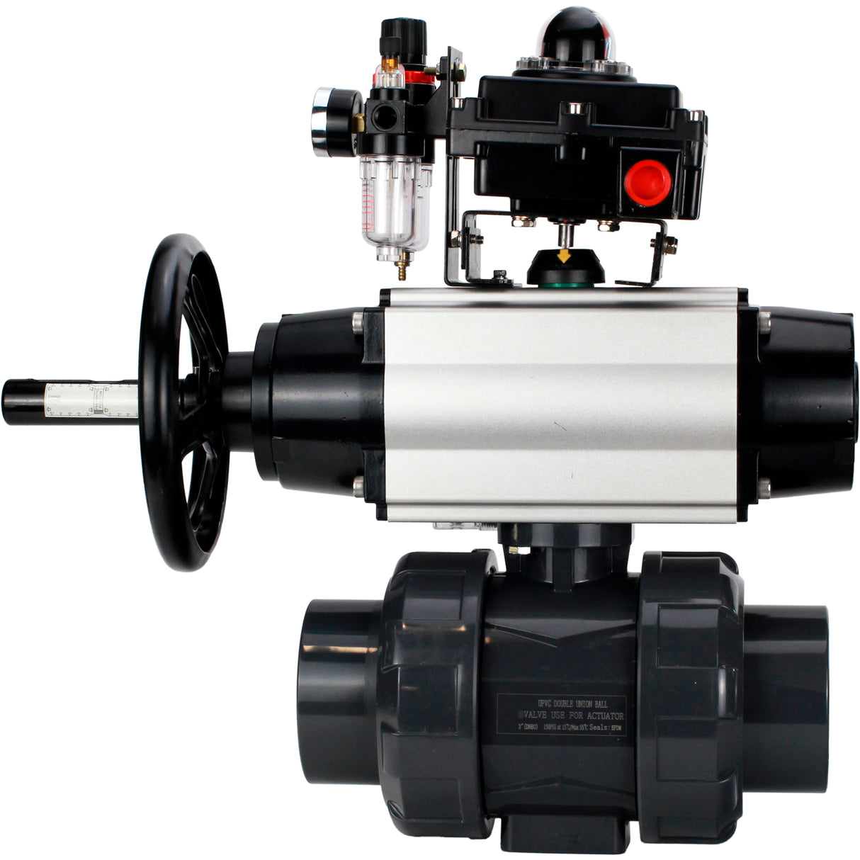 Ball valves Elephant BV4242E-FP-GRM-ISO, body material - UPVC, ball material - UPVC, seal - EPDM, with pneumatic actuator double action PA-DA-105-1, pneumatic distributor 4M310-08 220V, LSU APL-410N EX and ATU AFC2000