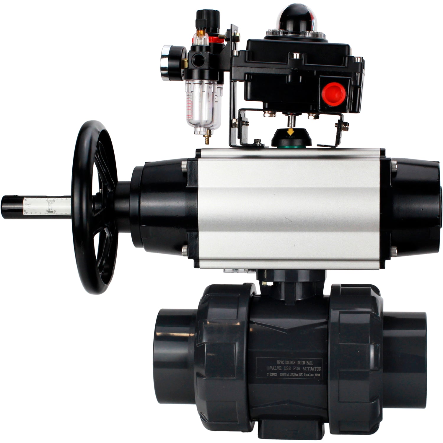 Ball valves Elephant BV4242E-FP-GRM-ISO, body material - UPVC, ball material - UPVC, seal - EPDM, with pneumatic actuator double action PA-DA-105-1, pneumatic distributor 4M310-08 220V, LSU APL-410N EX and ATU AFC2000