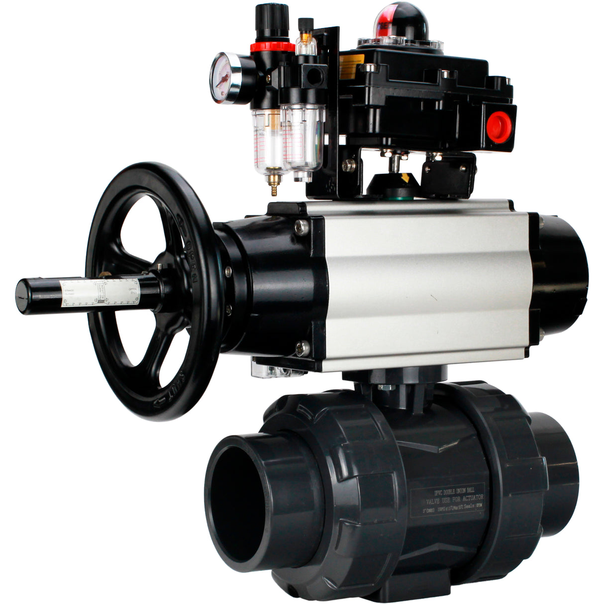 Ball valves Elephant BV4242E-FP-GRM-ISO, body material - UPVC, ball material - UPVC, seal - EPDM, with pneumatic actuator double action PA-DA-105-1, pneumatic distributor 4M310-08 220V, LSU APL-410N EX and ATU AFC2000