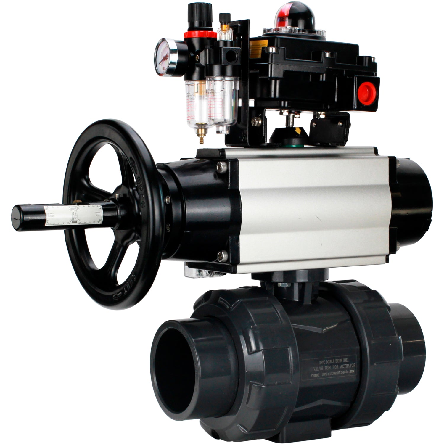 Ball valves Elephant BV4242E-FP-GRM-ISO, body material - UPVC, ball material - UPVC, seal - EPDM, with pneumatic actuator double action PA-DA-105-1, pneumatic distributor 4M310-08 220V, LSU APL-410N EX and ATU AFC2000