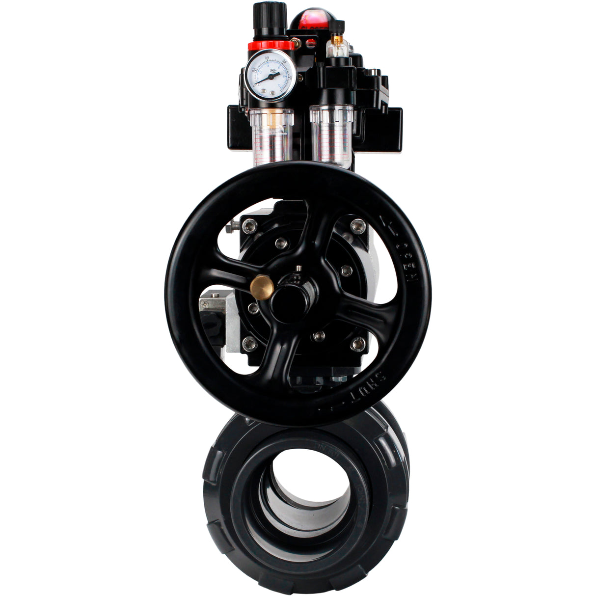 Ball valves Elephant BV4242E-FP-GRM-ISO, body material - UPVC, ball material - UPVC, seal - EPDM, with pneumatic actuator double action PA-DA-105-1, pneumatic distributor 4M310-08 220V, LSU APL-410N EX and ATU AFC2000