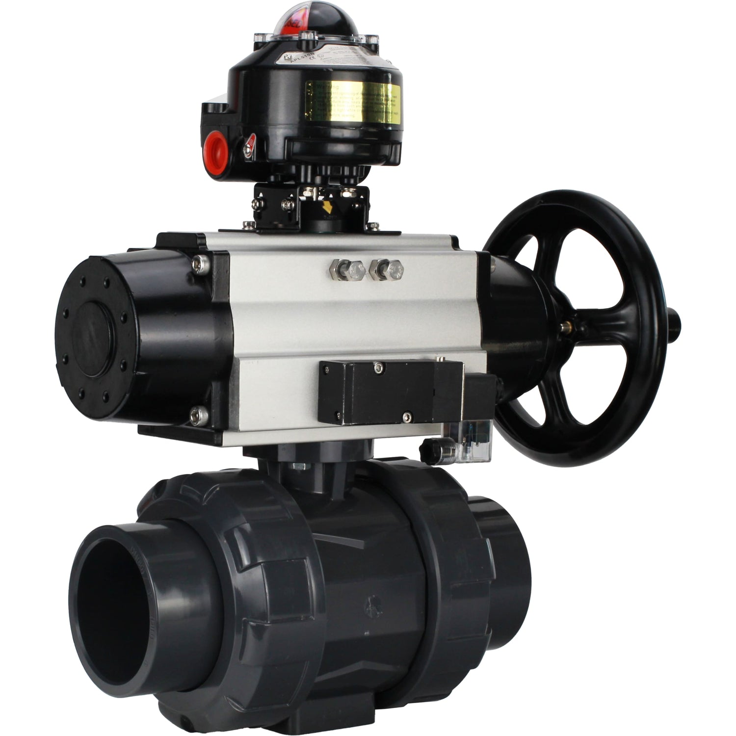 Ball valves Elephant BV4242E-FP-GRM-ISO, body material - UPVC, ball material - UPVC, seal - EPDM, with pneumatic actuator double action PA-DA-105-1, pneumatic distributor 4M310-08 24V and LSU APL-510N EX