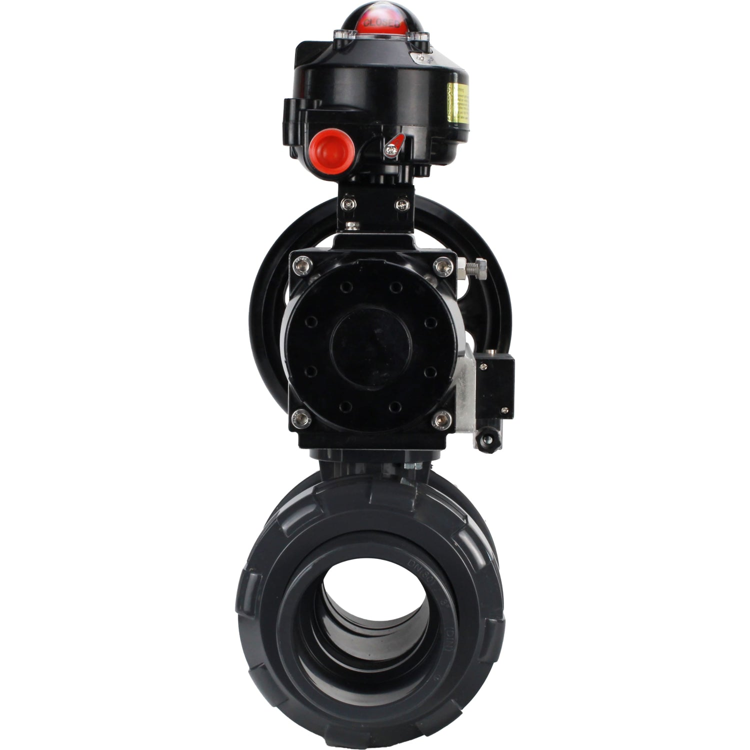 Ball valves Elephant BV4242E-FP-GRM-ISO, body material - UPVC, ball material - UPVC, seal - EPDM, with pneumatic actuator double action PA-DA-105-1, pneumatic distributor 4M310-08 24V and LSU APL-510N EX