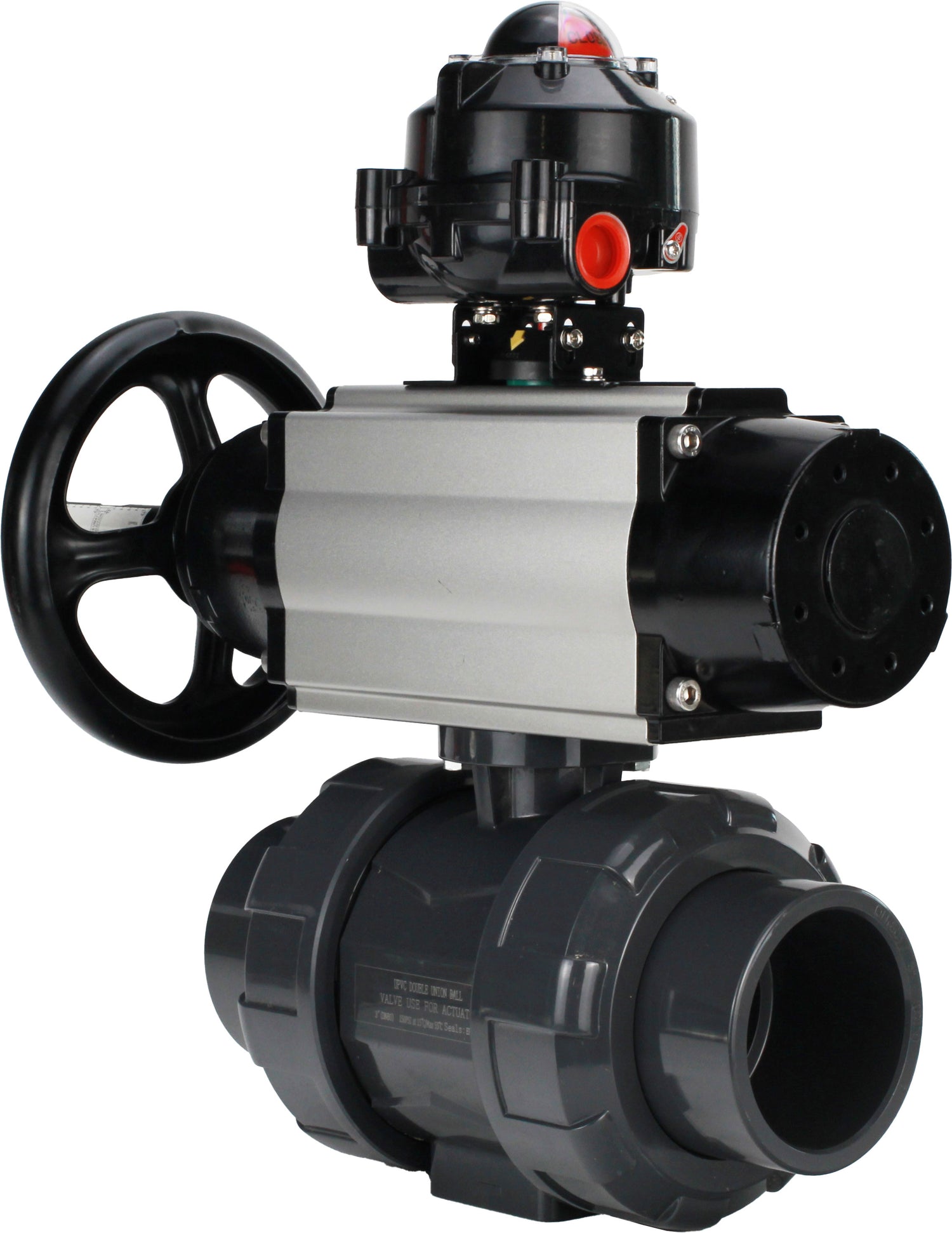 Ball valves Elephant BV4242E-FP-GRM-ISO, body material - UPVC, ball material - UPVC, seal - EPDM, with pneumatic actuator double action PA-DA-105-1, pneumatic distributor 4M310-08 24V and LSU APL-510N EX