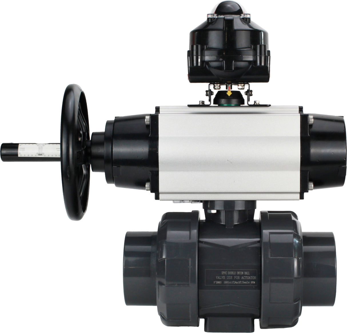 Ball valves Elephant BV4242E-FP-GRM-ISO, body material - UPVC, ball material - UPVC, seal - EPDM, with pneumatic actuator double action PA-DA-105-1, pneumatic distributor 4M310-08 24V and LSU APL-510N EX