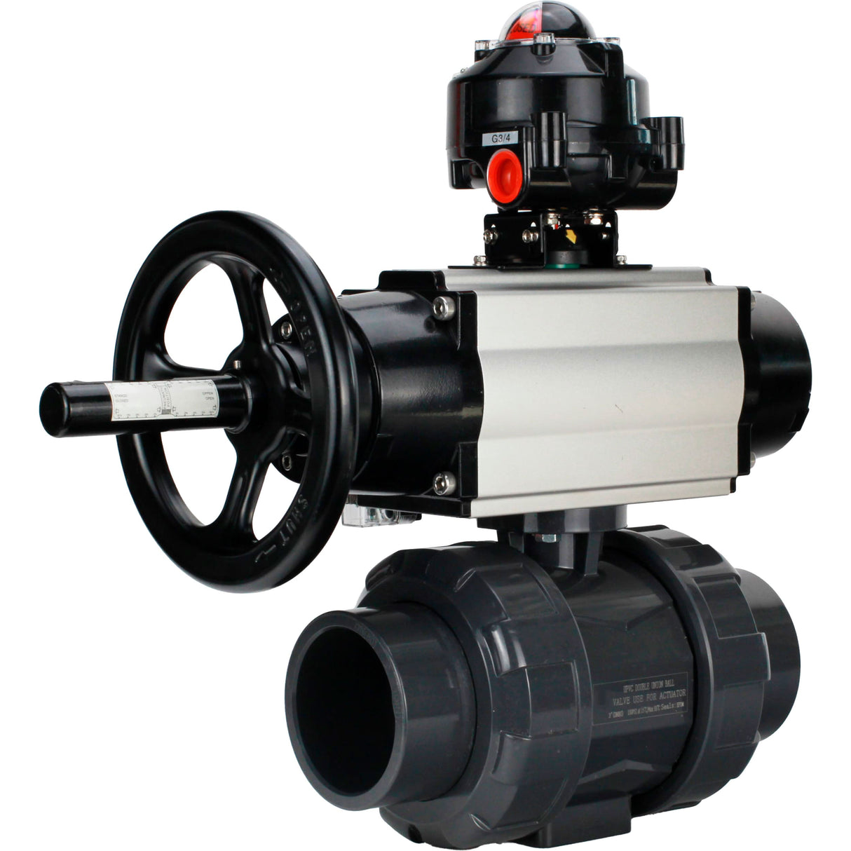 Ball valves Elephant BV4242E-FP-GRM-ISO, body material - UPVC, ball material - UPVC, seal - EPDM, with pneumatic actuator double action PA-DA-105-1, pneumatic distributor 4M310-08 24V and LSU APL-510N EX
