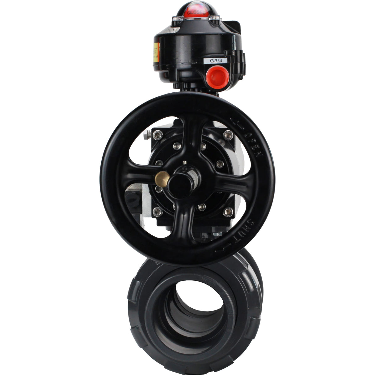Ball valves Elephant BV4242E-FP-GRM-ISO, body material - UPVC, ball material - UPVC, seal - EPDM, with pneumatic actuator double action PA-DA-105-1, pneumatic distributor 4M310-08 24V and LSU APL-510N EX