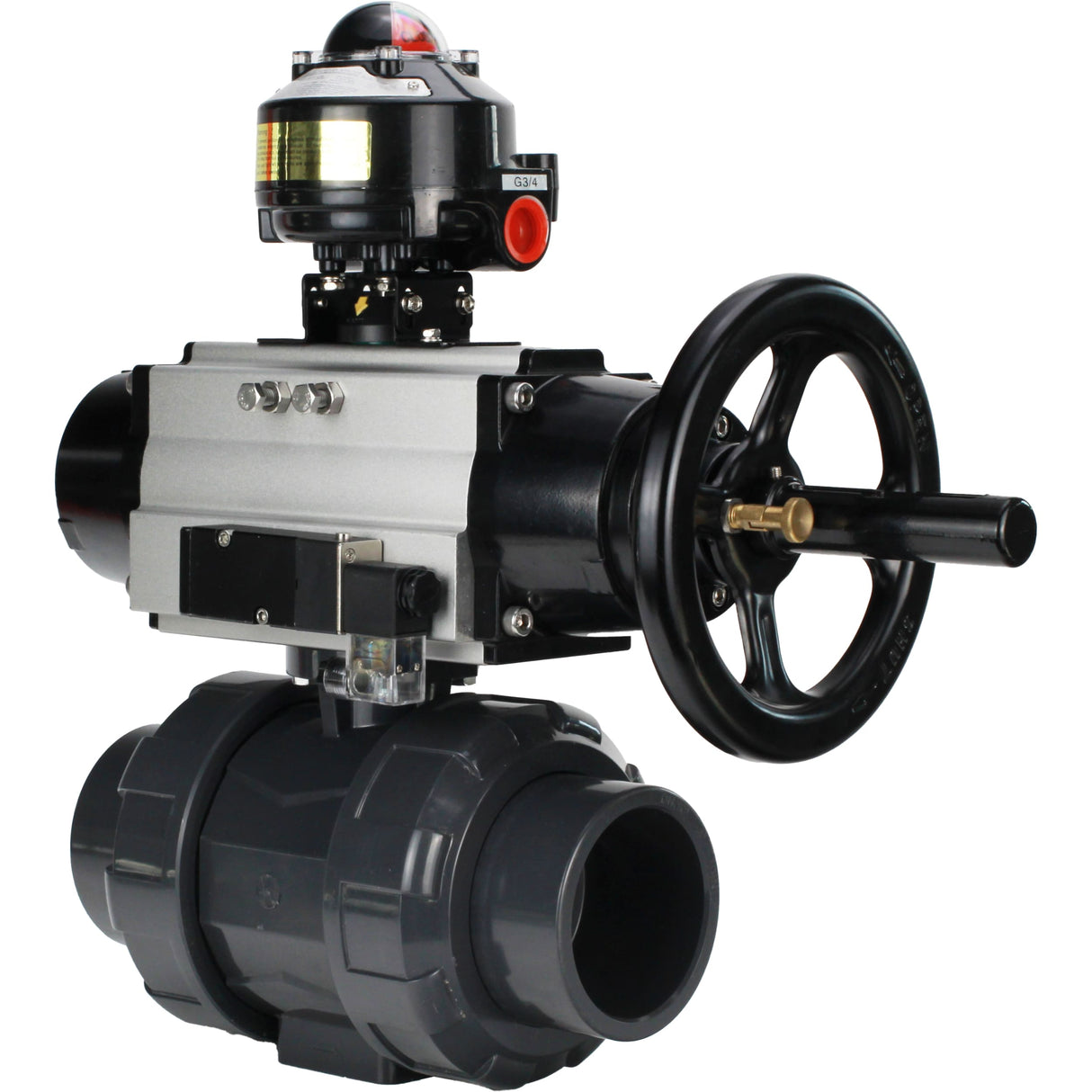 Ball valves Elephant BV4242E-FP-GRM-ISO, body material - UPVC, ball material - UPVC, seal - EPDM, with pneumatic actuator double action PA-DA-105-1, pneumatic distributor 4M310-08 24V and LSU APL-510N EX