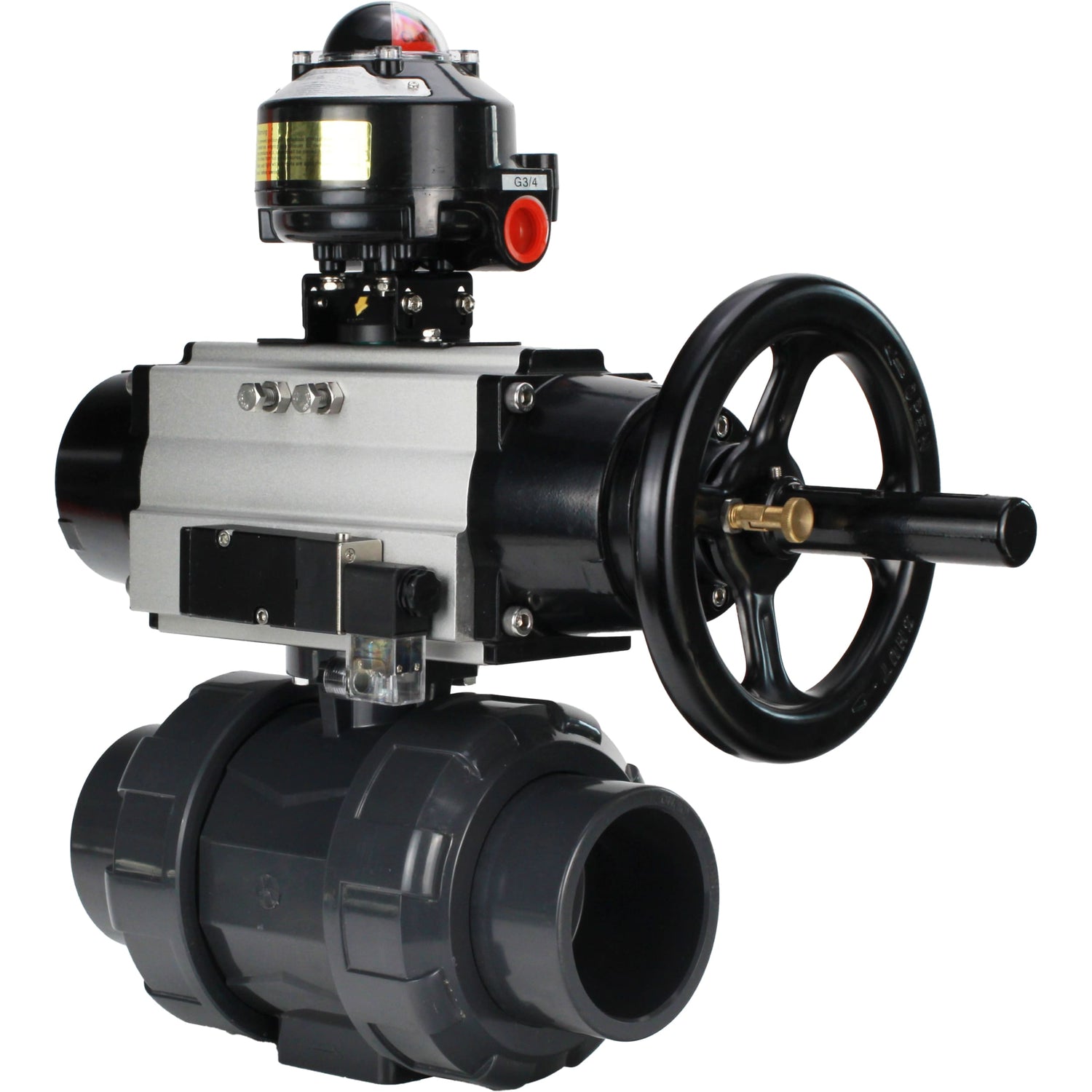 Ball valves Elephant BV4242E-FP-GRM-ISO, body material - UPVC, ball material - UPVC, seal - EPDM, with pneumatic actuator double action PA-DA-105-1, pneumatic distributor 4M310-08 24V and LSU APL-510N EX
