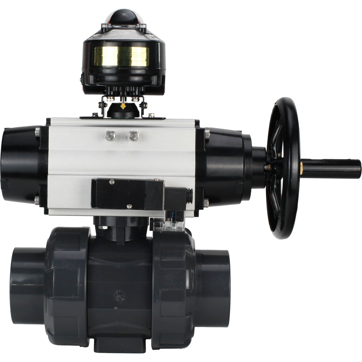 Ball valves Elephant BV4242E-FP-GRM-ISO, body material - UPVC, ball material - UPVC, seal - EPDM, with pneumatic actuator double action PA-DA-105-1, pneumatic distributor 4M310-08 24V and LSU APL-510N EX