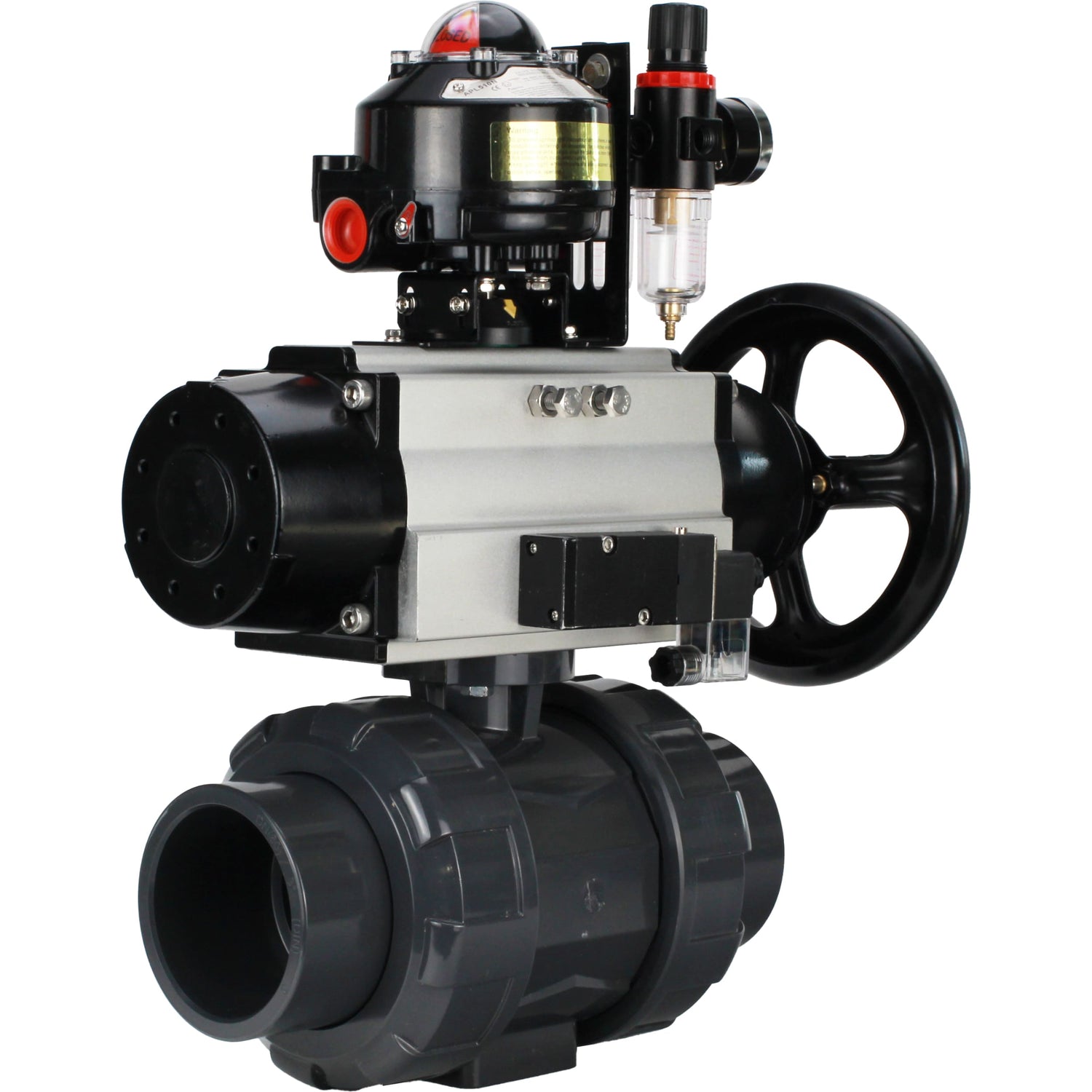 Ball valves Elephant BV4242E-FP-GRM-ISO, body material - UPVC, ball material - UPVC, seal - EPDM, with pneumatic actuator double action PA-DA-105-1, pneumatic distributor 4M310-08 24V, LSU APL-510N EX and ATU AFC2000