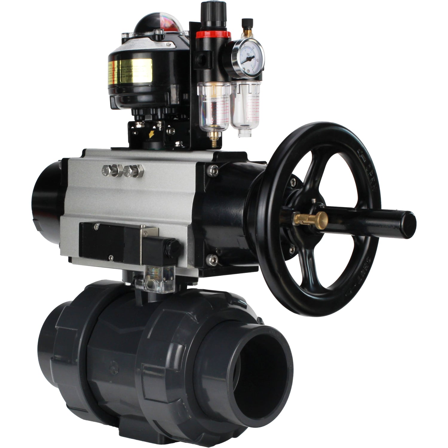Ball valves Elephant BV4242E-FP-GRM-ISO, body material - UPVC, ball material - UPVC, seal - EPDM, with pneumatic actuator double action PA-DA-105-1, pneumatic distributor 4M310-08 24V, LSU APL-510N EX and ATU AFC2000